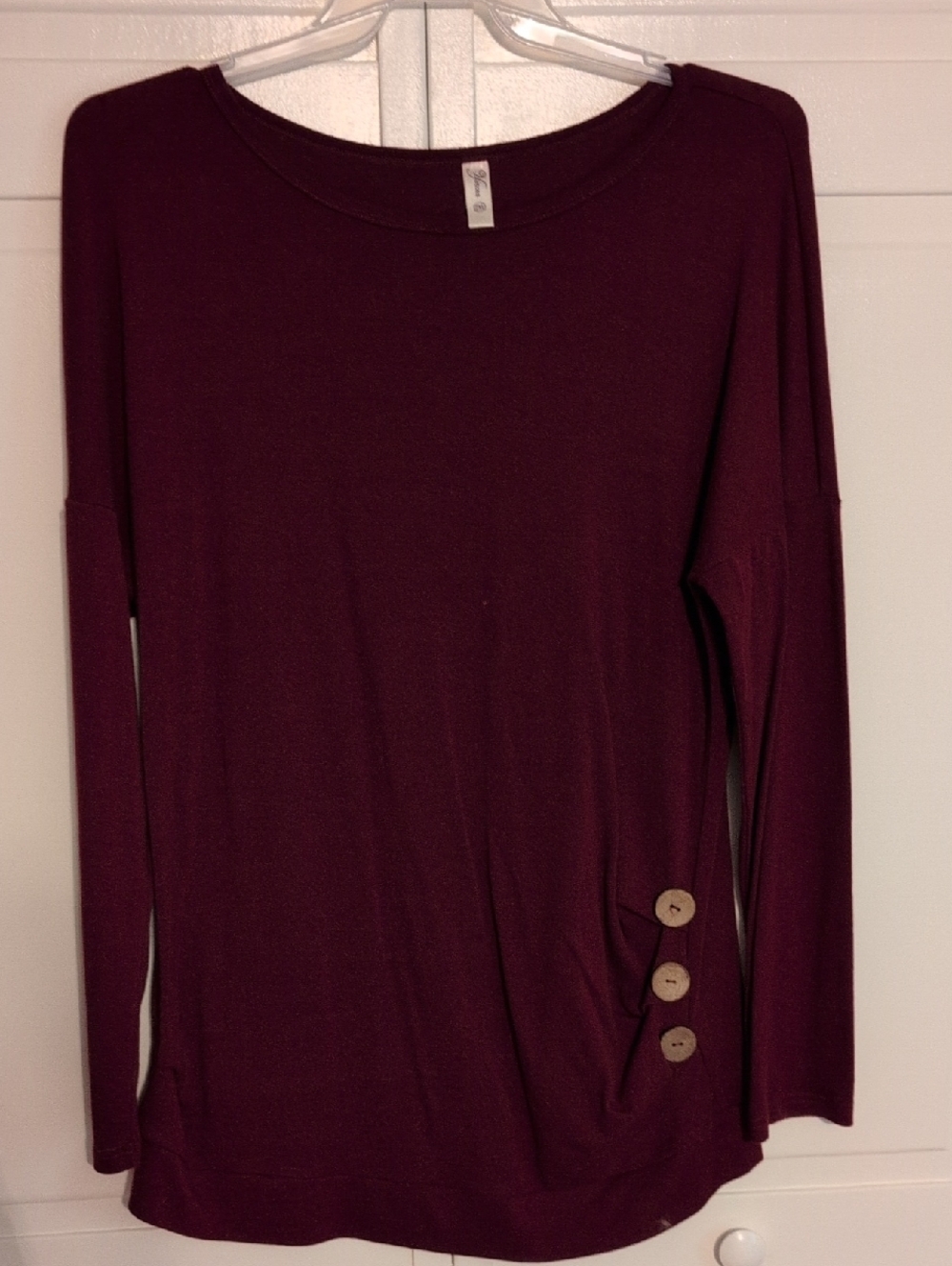 Boatneck Long-Sleeve Tunic Top with Side Button Detail - Burgundy